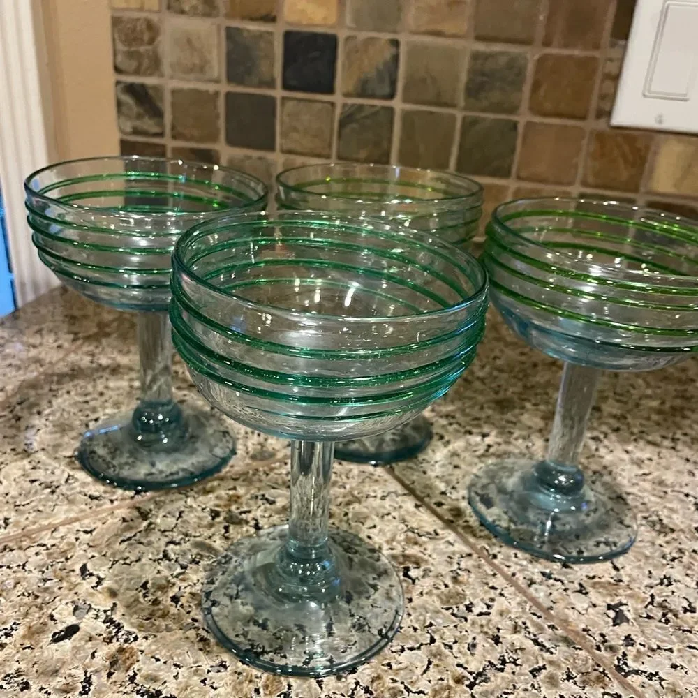 4 Hand Blown Green Glass Margarita Glasses Made in Mexico